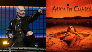 Corey Taylor performing on stage next to another image of Alice In Chains' Dirt album artwork