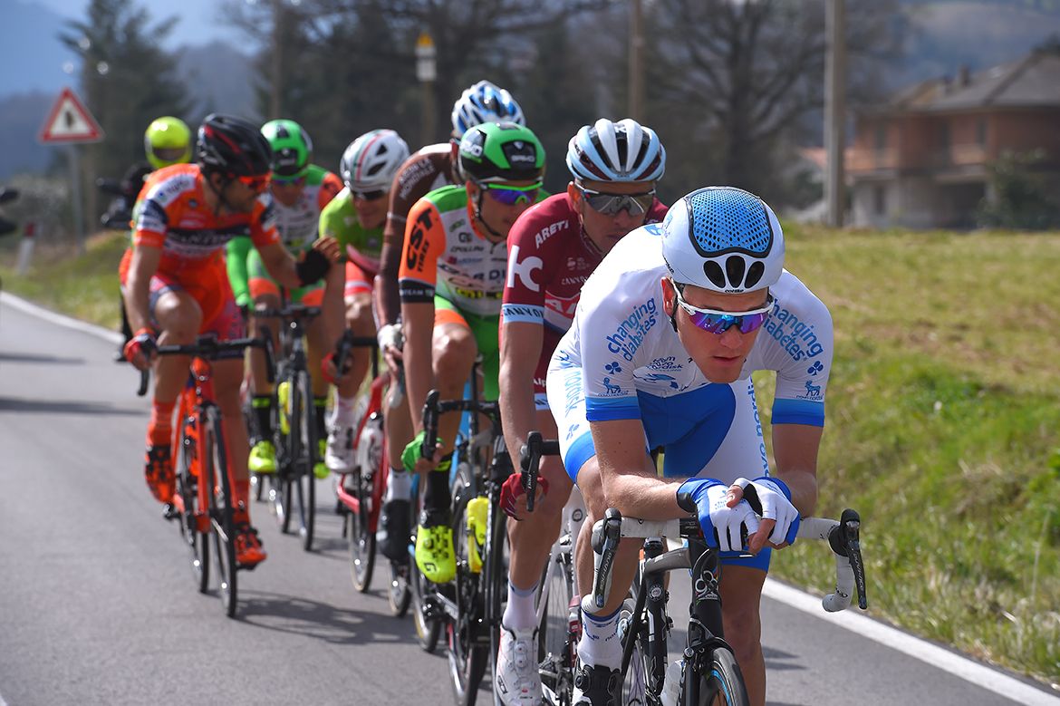 Joonas Henttala (Novo Nordisk) leads the breakaway in Tirreno-Adriatico