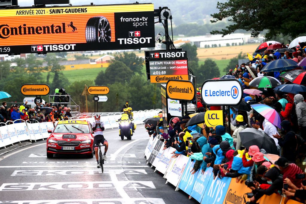 SAINTGAUDENS FRANCE JULY 13 Patrick Konrad of Austria and Team BORA Hansgrohe stage winner celebrates at arrival during the 108th Tour de France 2021 Stage 16 a 169km stage from Pas de la Casa to SaintGaudens Public Fans Landscape LeTour TDF2021 on July 13 2021 in SaintGaudens France Photo by Michael SteeleGetty Images
