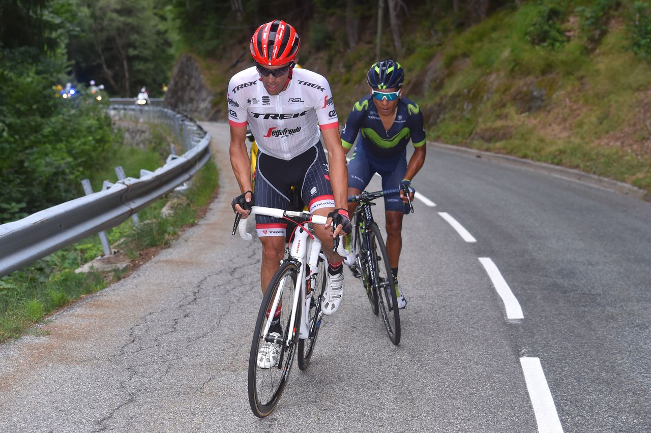 Alberto Contador on the attack with Nairo Quintana early on the Col de la Croix de Fer