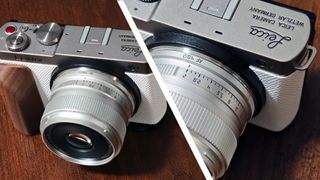 A Lumix S9 mirrorless camera modified with a white skin and a Leica engraving on the top plate