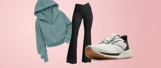 workout apparel products on a pink background