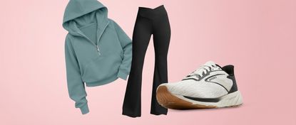 workout apparel products on a pink background