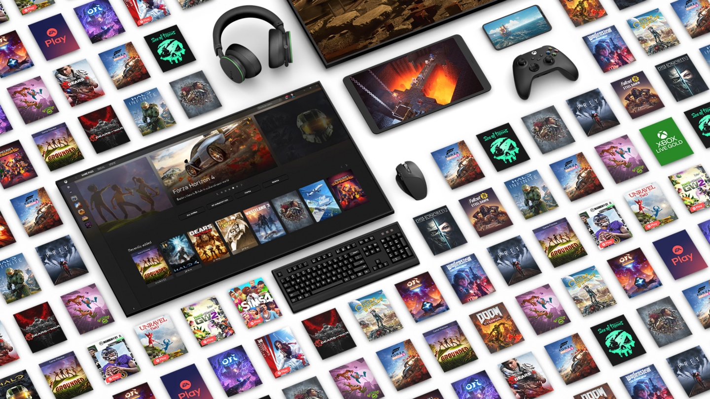 covers of lots of xbox games collaged with gaming consoles, tv screens and headphones