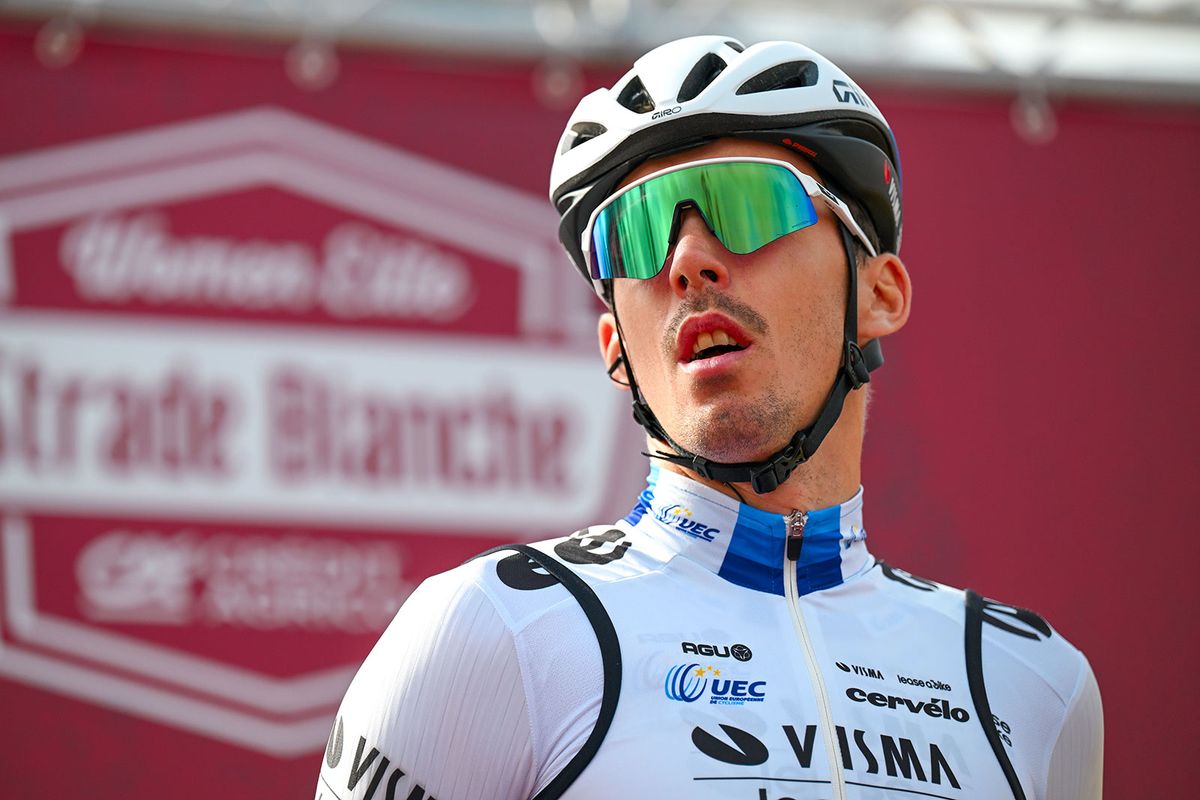 SIENA ITALY MARCH 02 Christophe Laporte of France and Team Visma Lease a Bike prior to the 18th Strade Bianche 2024 Mens Elite a 215km one day race from Siena to Siena 320m UCIWT on March 02 2024 in Siena Italy Photo by Tim de WaeleGetty Images