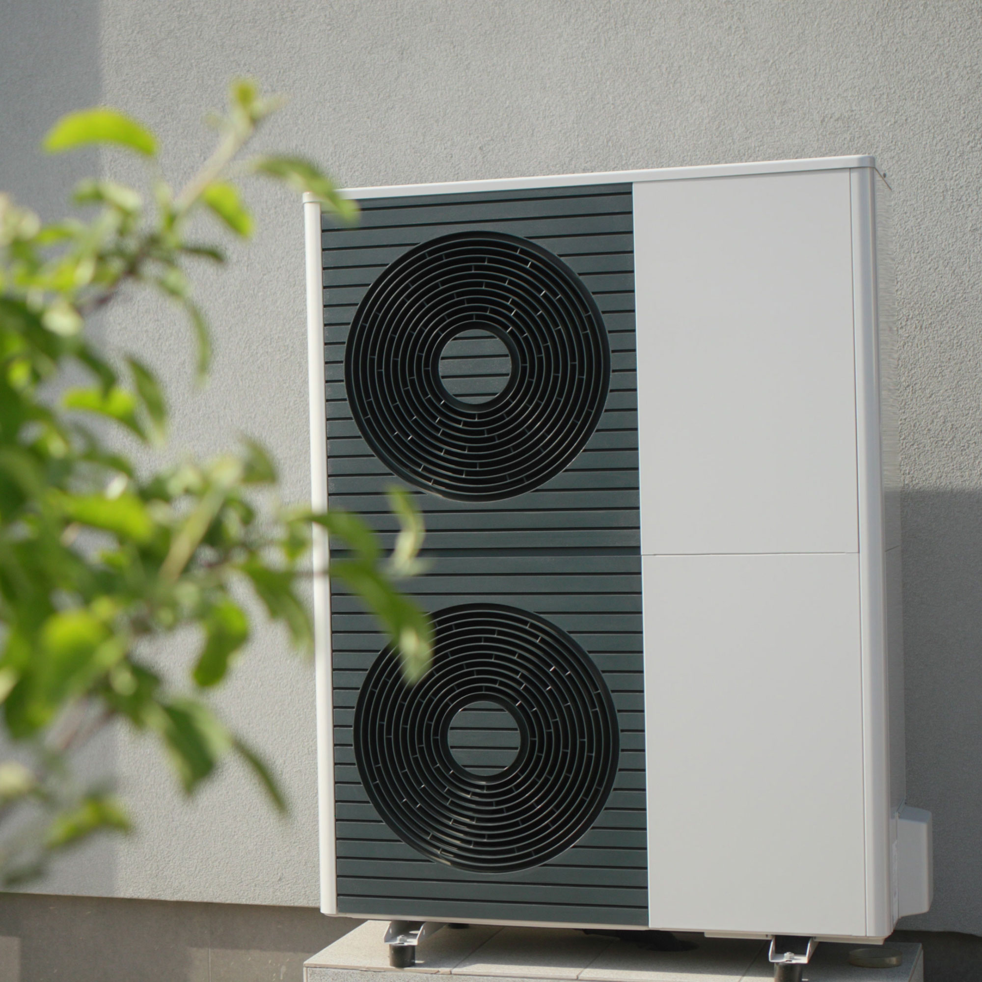 Heat pump outside a white rendered wall with tree foliage in the foreground