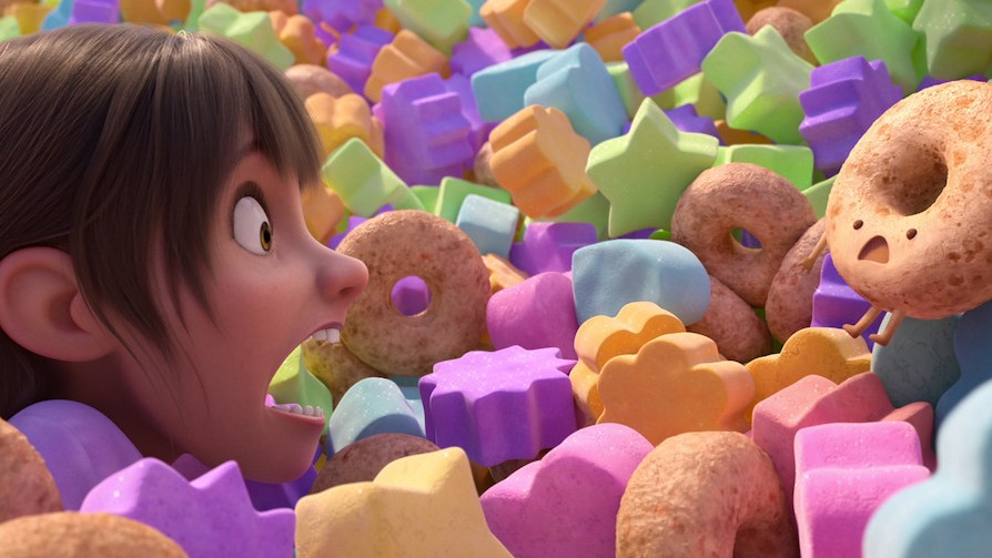 Stevie in a screaming in a pile of cereal in a still from the Netflix movie In Your Dreams