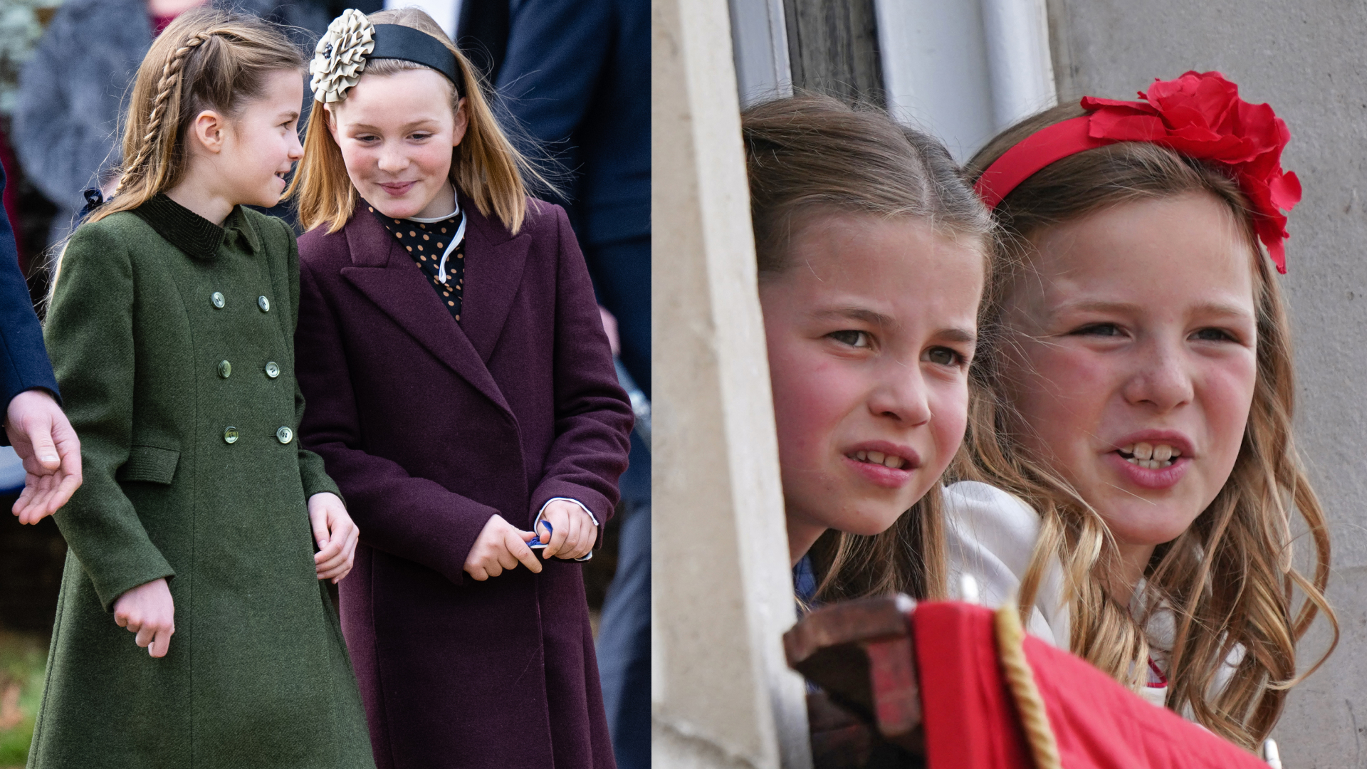 Princess Charlotte and Mia Tindall talking and smiling next to a picture of them hanging out a window