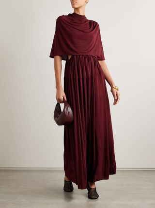 Frankie Cape-Effect Pleated Cutout Crepe Maxi Dress