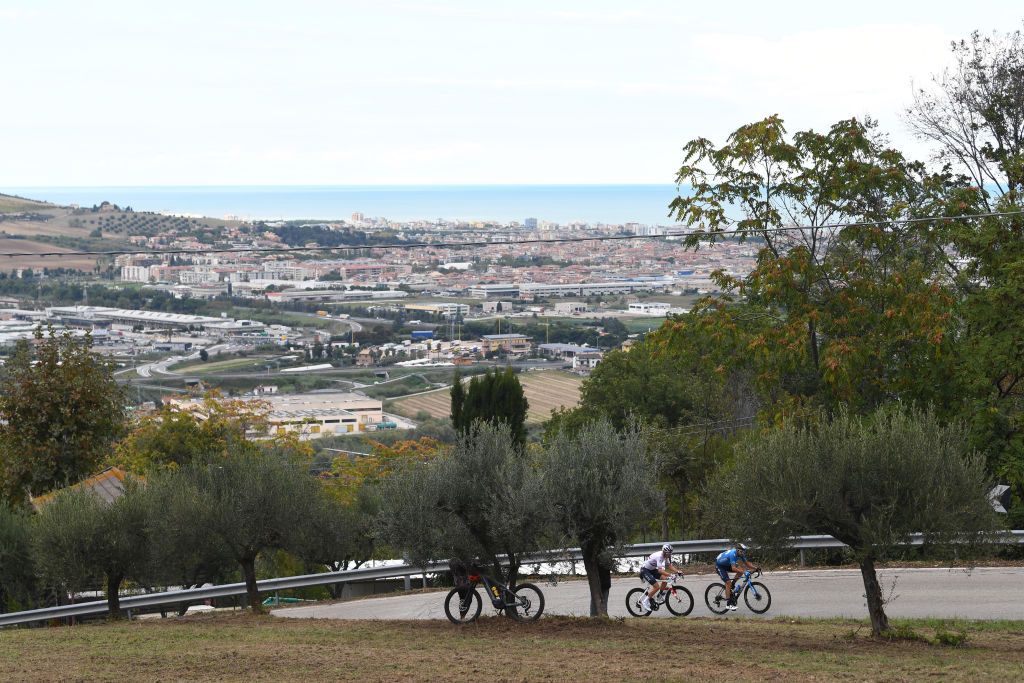 TORTORETO ITALY OCTOBER 13 Ben Swift of The United Kingdom and Team INEOS Grenadiers Dario Cataldo of Italy and Movistar Team Martinsicuro Village Colonnella 294m Landscape Peloton Adriatico Sea Breakaway during the 103rd Giro dItalia 2020 Stage 10 a 177km stage from Lanciano to Tortoreto girodiitalia Giro on October 13 2020 in Tortoreto Italy Photo by Tim de WaeleGetty Images