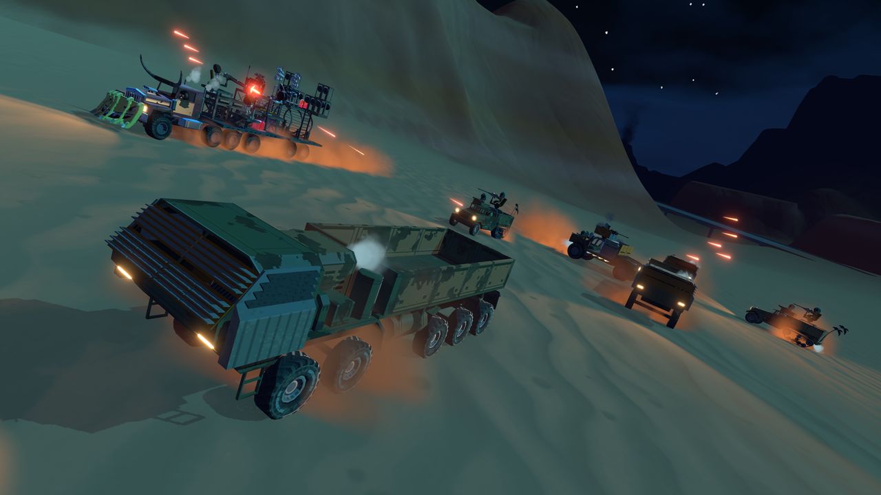 Desert war rigs racing each other at night