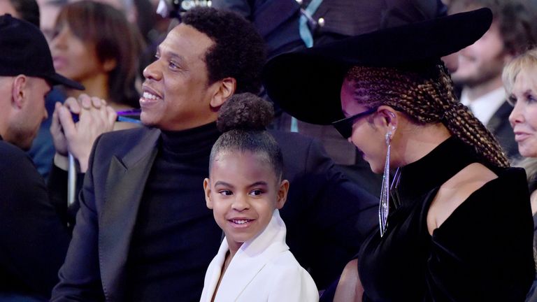 Recording artist Jay Z, daughter Blue Ivy Carter and recording artist Beyonce attend the 60th Annual GRAMMY Awards at Madison Square Garden on January 28, 2018 in New York City. 