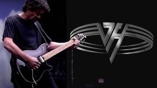 Van Halen 'The Collection II' and still from Van Halen's "Humans Being" video showing Eddie Van Halen playing a signature EVH elecric guitar
