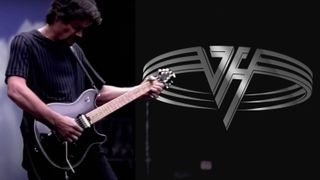 Van Halen &#039;The Collection II&#039; and still from Van Halen&#039;s &quot;Humans Being&quot; video showing Eddie Van Halen playing a signature EVH elecric guitar