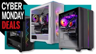 Skytech and Yeyian gaming PCs on a colored background, with a Cyber Monday deals logo
