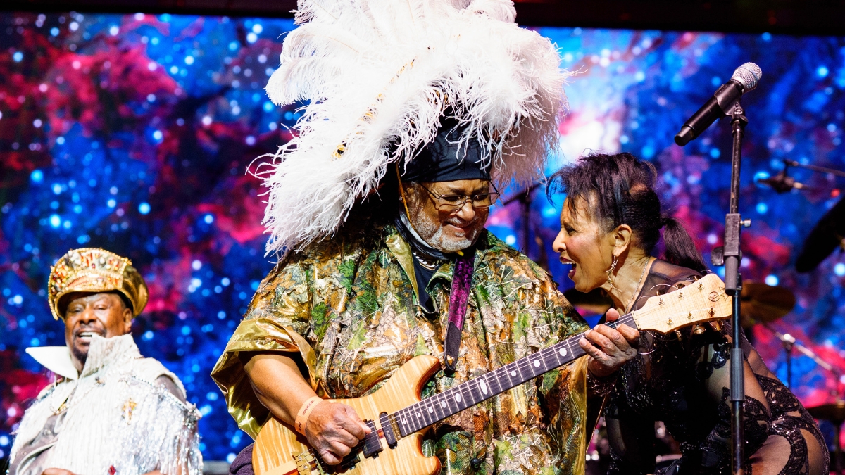 Nona Hendryx (R) performs with George Clinton and Michael Hampton of Parliament-Funkadelic during 2026 Essence Festival of Culture at Caesars Superdome on July 05, 2026 in New Orleans, Louisiana