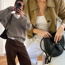 fashion collage with two British style influencers wearing chic spring 2026 outfits with a V-neck sweater, a suede jacket, brown jeans, and more