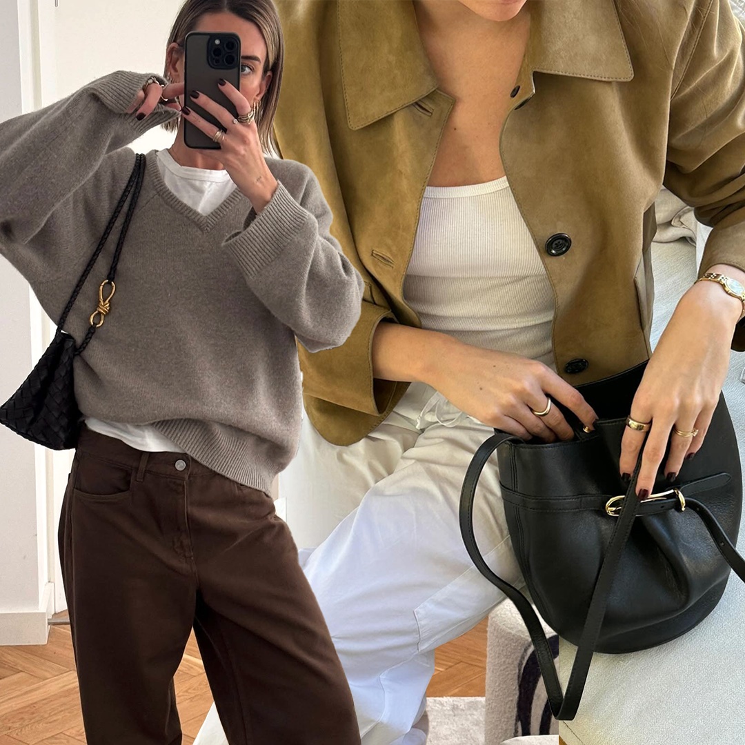 fashion collage with two British style influencers wearing chic spring 2026 outfits with a V-neck sweater, a suede jacket, brown jeans, and more