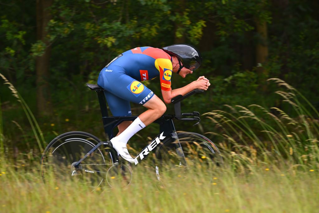 TURNHOUT BELGIUM JUNE 12 Daan Hoole of The Netherlands and Team Intermarche Wanty sprints during the 93rd Baloise Belgium Tour 2024 Stage 1 a 12km individual time trial stage from Beringen to Beringen on June 12 2024 in Beringen Belgium Photo by Luc ClaessenGetty Images
