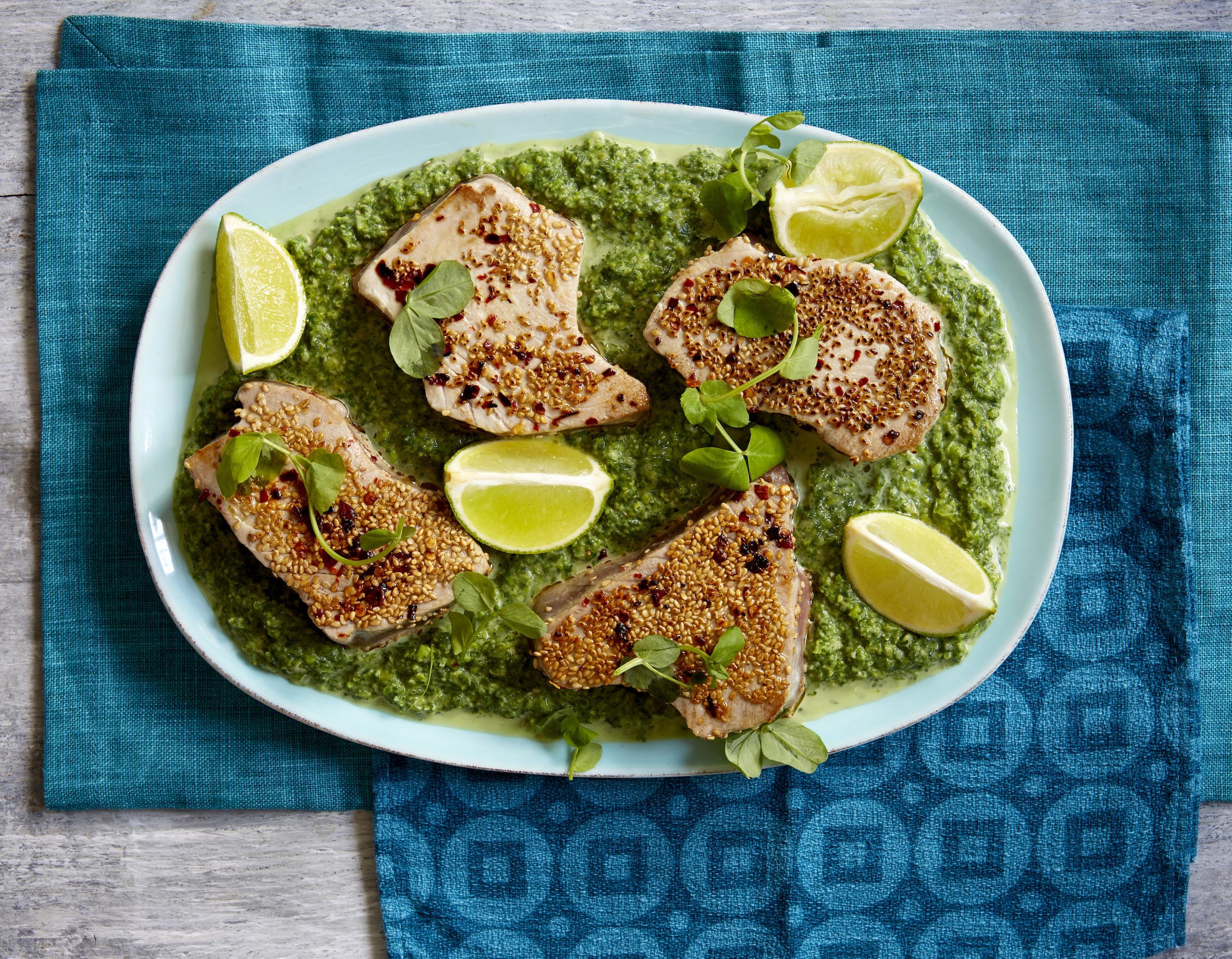 Mashed peas and spinach with grilled tuna recipe