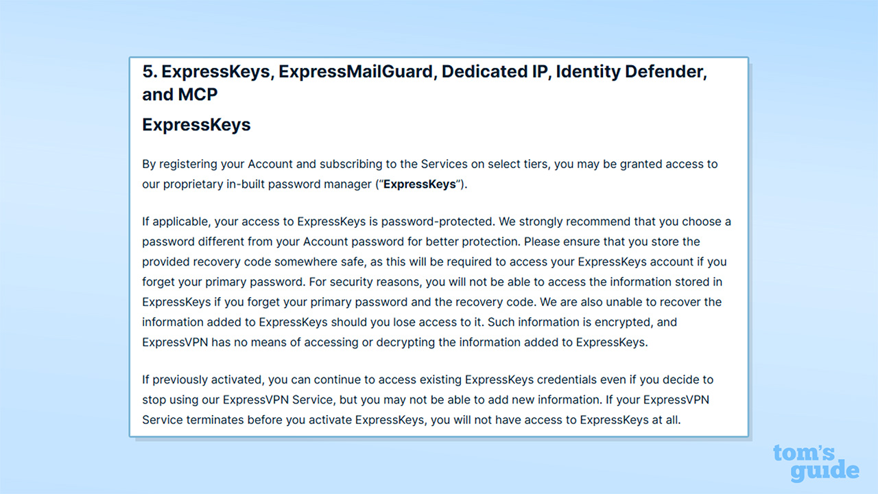 Screenshot of ExpressVPN's Terms of Service