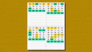 Quordle daily sequence answers for game 663 on a yellow background