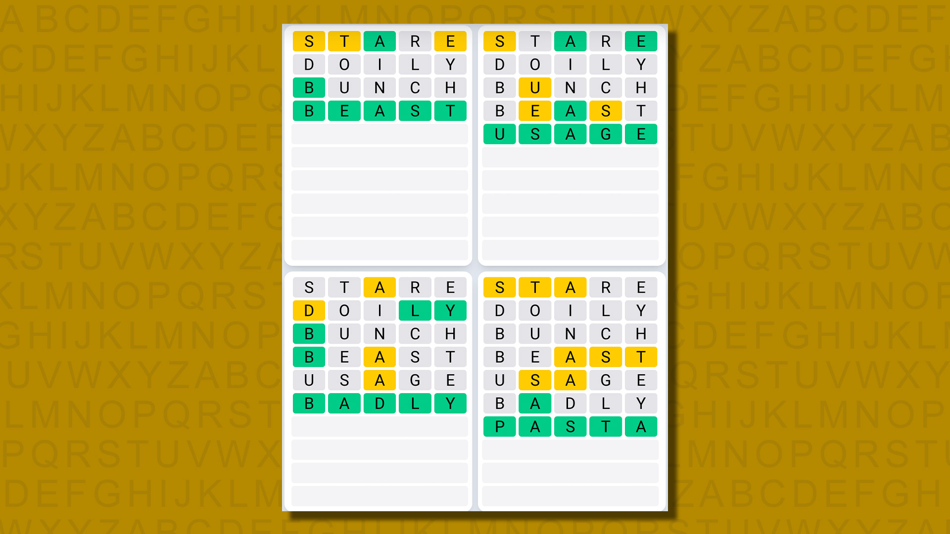 Ежедневная последовательность ответов Quordle для игры 663 на желтом фоне