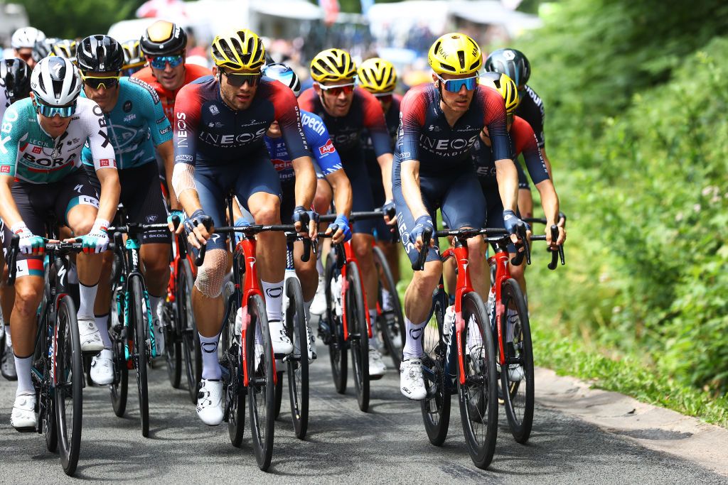 LONGWY FRANCE JULY 07 LR Patrick Konrad of Austria and Team Bora Hansgrohe Filippo Ganna of Italy and Dylan Van Baarle of Netherlands and Team INEOS Grenadiers compete during the 109th Tour de France 2022 Stage 6 a 2199km stage from Binche to Longwy 377m TDF2022 WorldTour on July 07 2022 in Longwy France Photo by Michael SteeleGetty Images