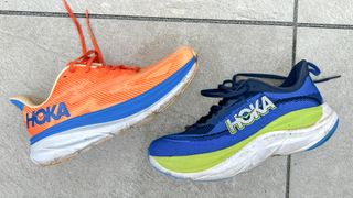 Hoka Skyflow and Hoka Clifton 9 running shoes on a sidewalk