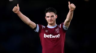 West Ham United captain Declan Rice acknowledges the fans after the Premier League match between Leeds United and West Ham United on 4 January, 2023 at Elland Road in Leeds, United Kingdom.