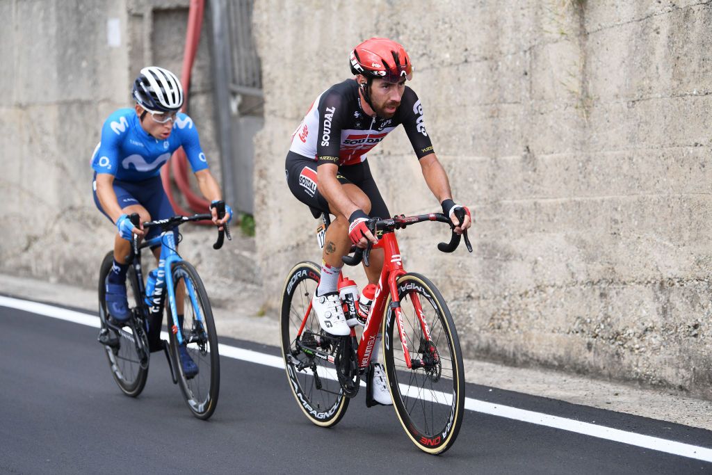 CAMIGLIATELLO SILANO ITALY OCTOBER 07 Thomas De Gendt of Belgium and Team Lotto Soudal Einer Augusto Rubio Reyes of Colombia and Movistar Team Breakaway during the 103rd Giro dItalia 2020 Stage 5 a 225km stage from Mileto to Camigliatello Silano 1275m girodiitalia Giro on October 07 2020 in Camigliatello Silano Italy Photo by Tim de WaeleGetty Images