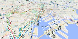 isometric view of Tokyo transit lines near the bay with 3D building models