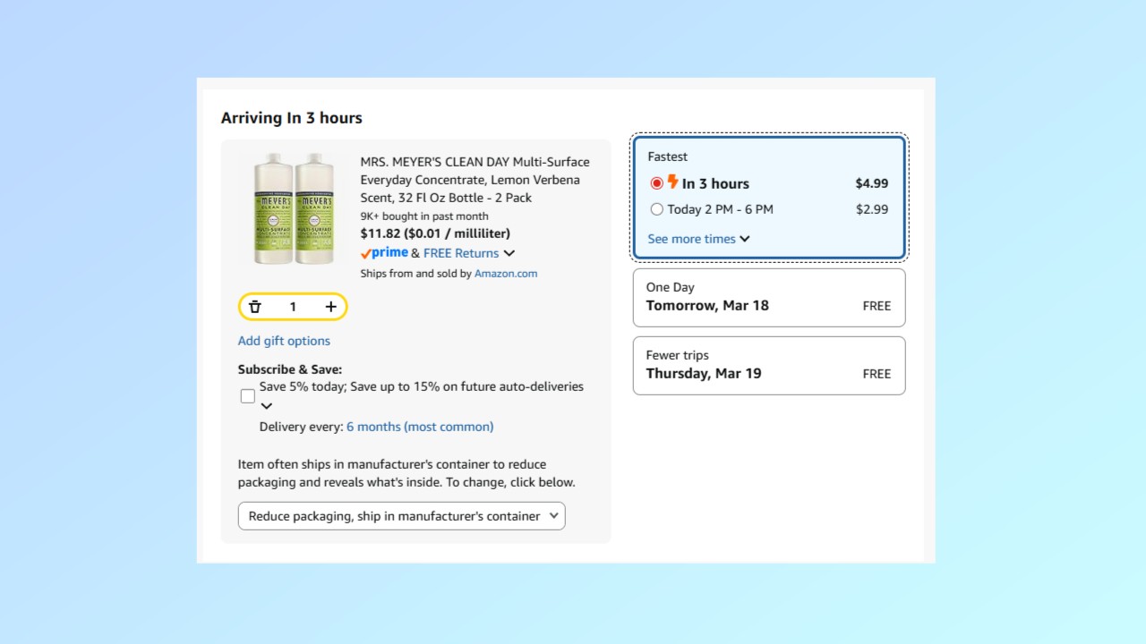 A screenshot of an Amazon order with the new 3-hour delivery option selected