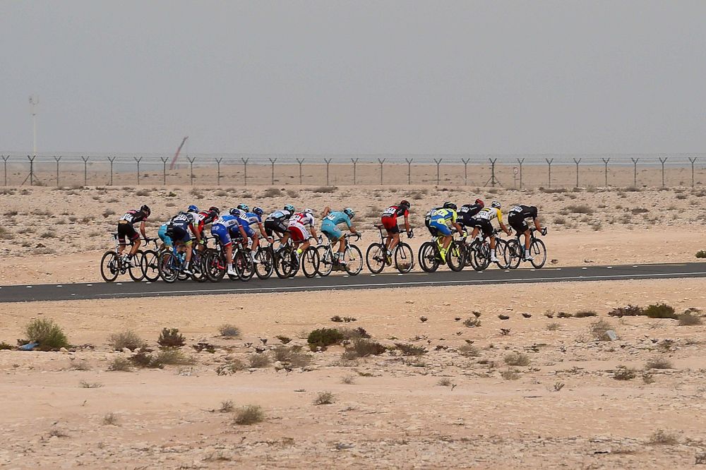 The peloton races against the wind.