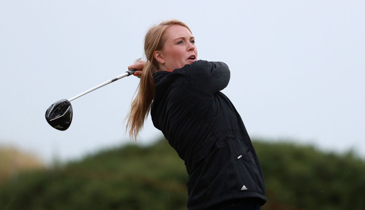 Anna Jackson hits a tee shot with a driver