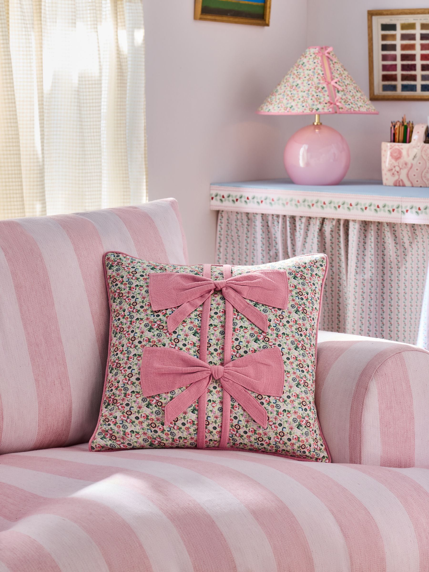 Cath Kidston Pink Ditsy Bows Cotton Cushion - Size 45x45