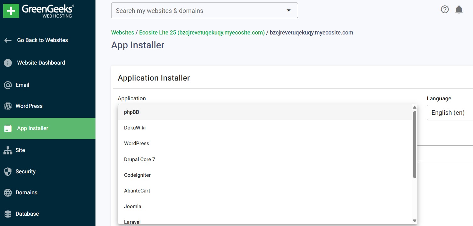 screenshot of the App installer at GreenGeeks
