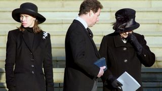 The Royal Family Attending The Funeral Of Princess Margaret At St. George's Chapel In Windsor Castle. Queen Elizabeth II Shows Her Grief At The Loss Of Her Only Sister