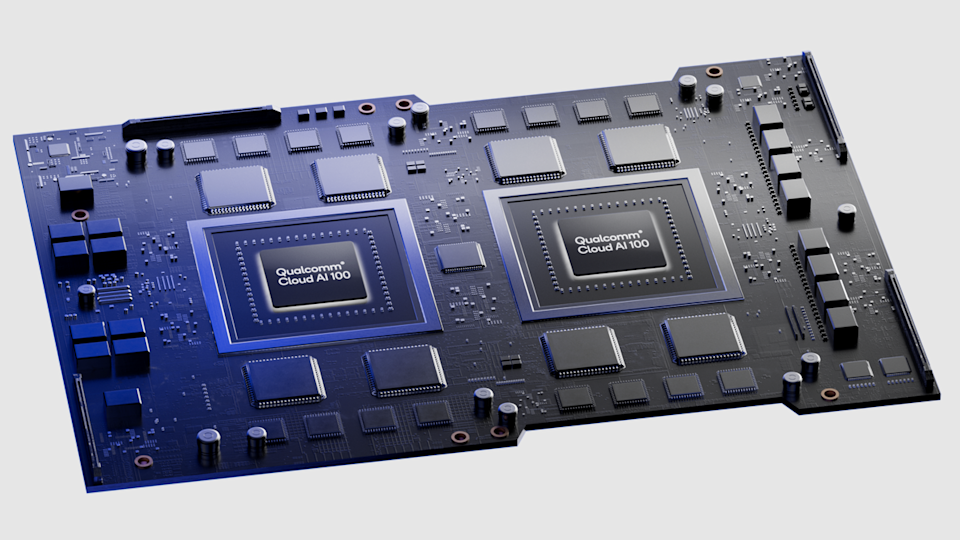 Close-up view of a Qualcomm Cloud AI 100 dual-chip inference card, featuring two prominently labeled processors mounted on a PCB.