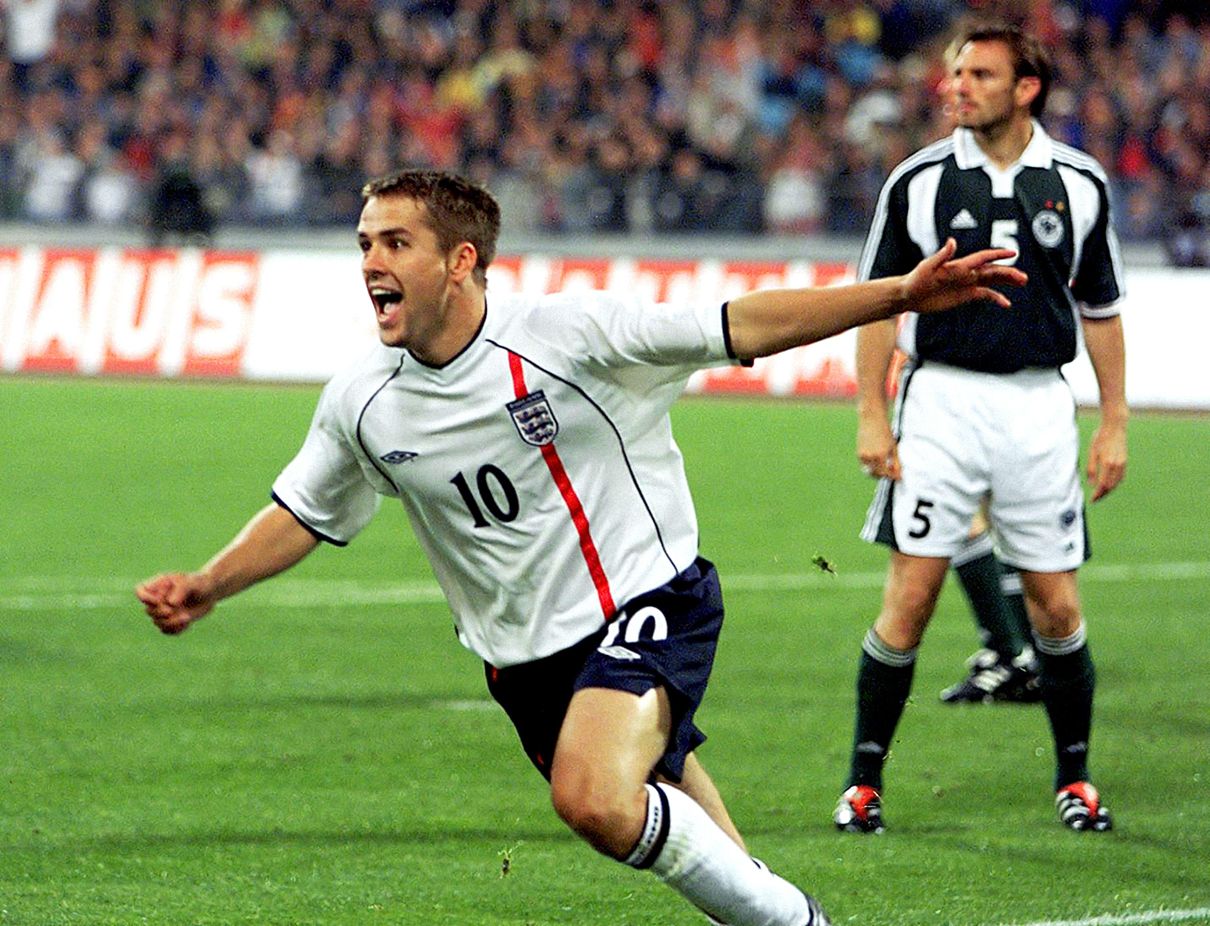 Michael Owen celebrates his second goal in England's 5-1 victory over Germany in Munich, September 2001.
