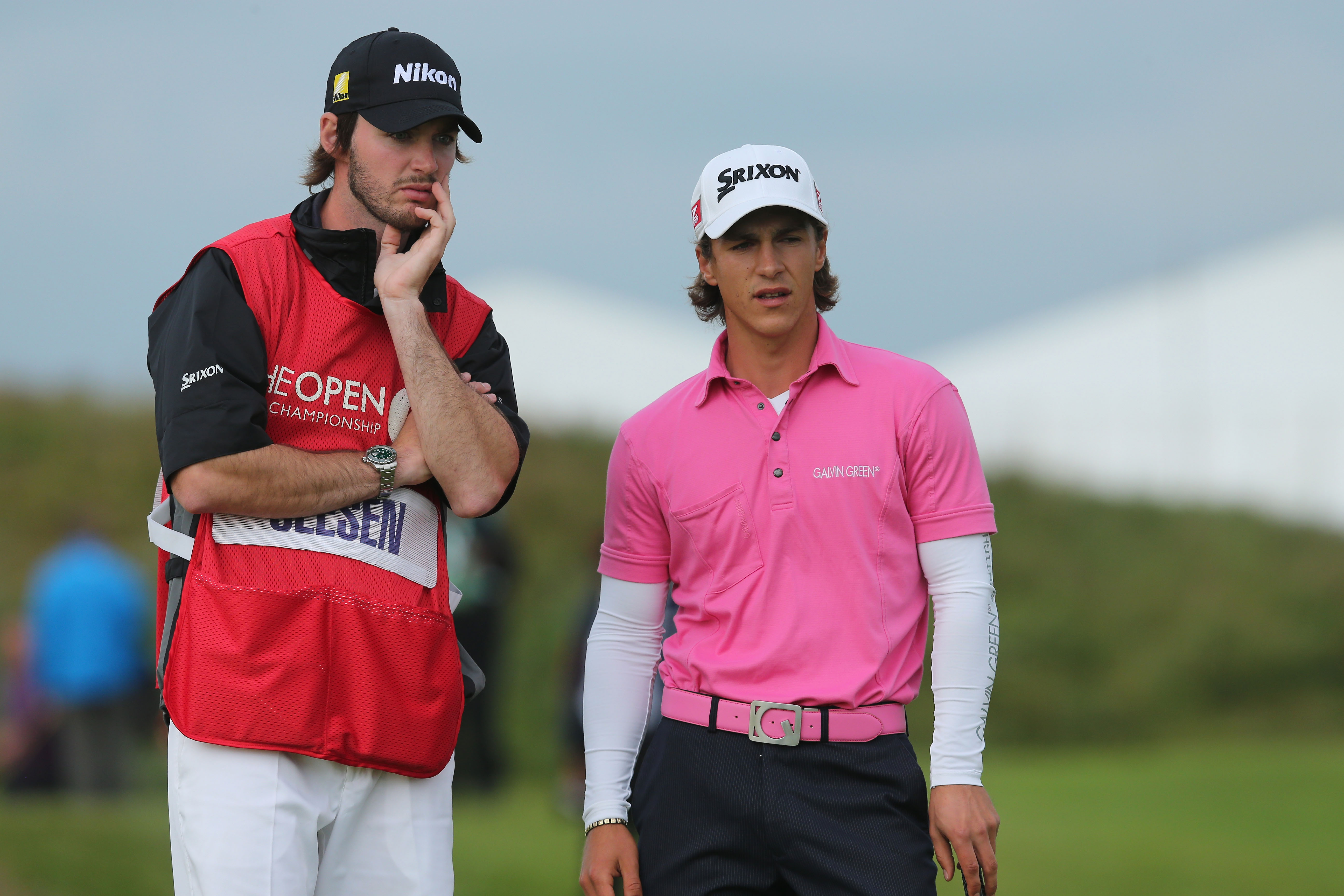 Daniel Parratt (left) and Thorbjorn Olesen weigh up a shot during the 2012 Open Championship