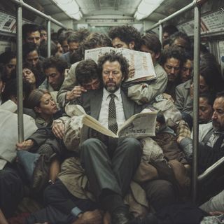 An AI generated image that shows a crammed subway car filled with people, a man in the middle is reading a newspaper