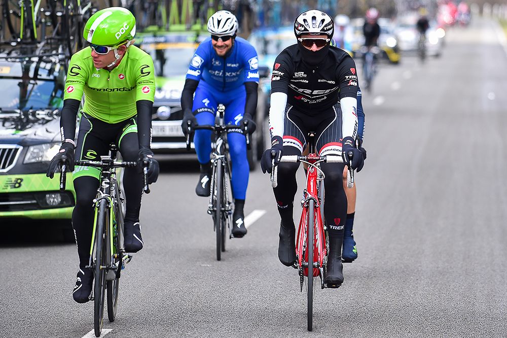 Riders bundled up against the cold during stage 1 at Paris-Nice