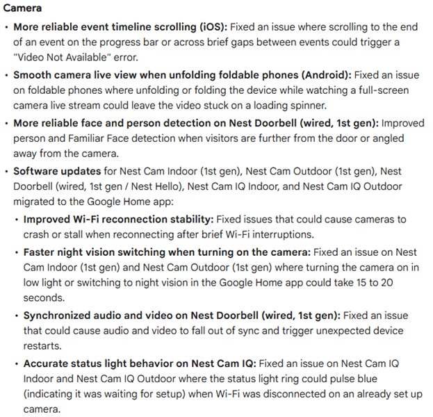 Google details a list of updates for smart home cameras in a late October 2026 patch.