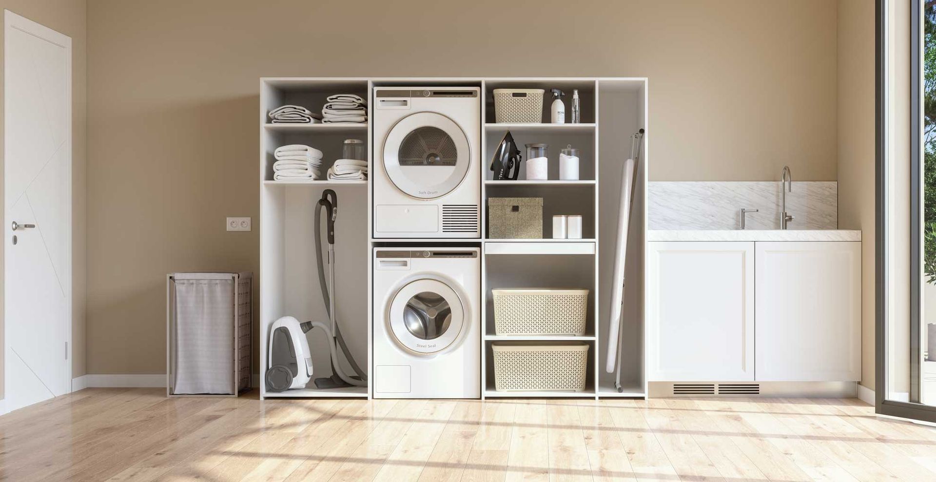 beige laundry room with organized shelves