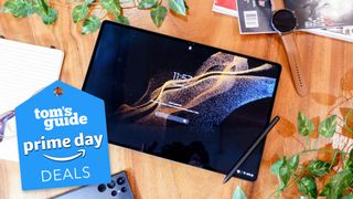 Amazon Prime Day October 2024 tablet deals badge over a Samsung Galaxy Tab S8 Ultra