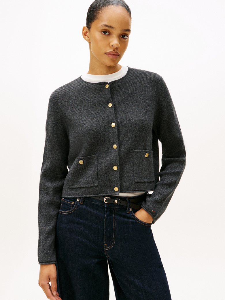 Gold-Tone Button Soft Wool Cardigan