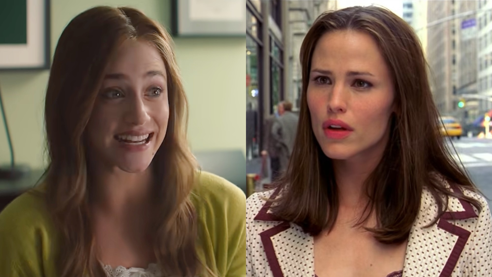 From left to right: Lili Reinhart in The Love Hypothesis and Jennifer Garner in 13 Going on 30. 