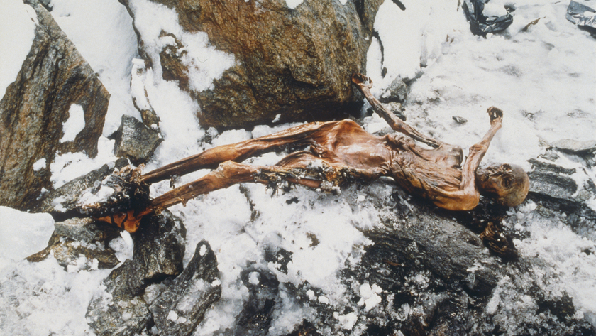 the mummy of a human man lies on a grey rock base with snow surrounding him