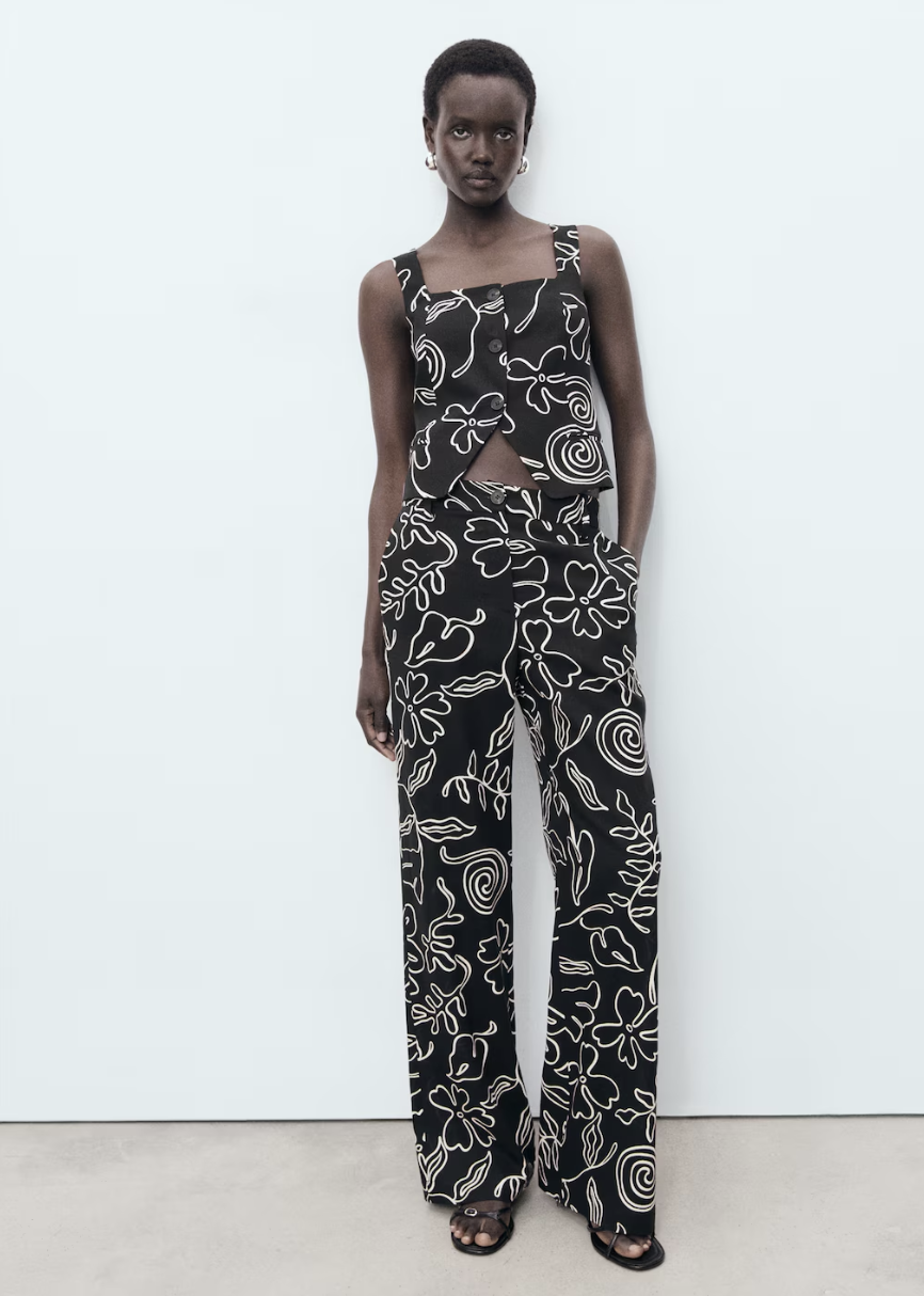MANGO, Floral-Print Linen-Blend Trousers